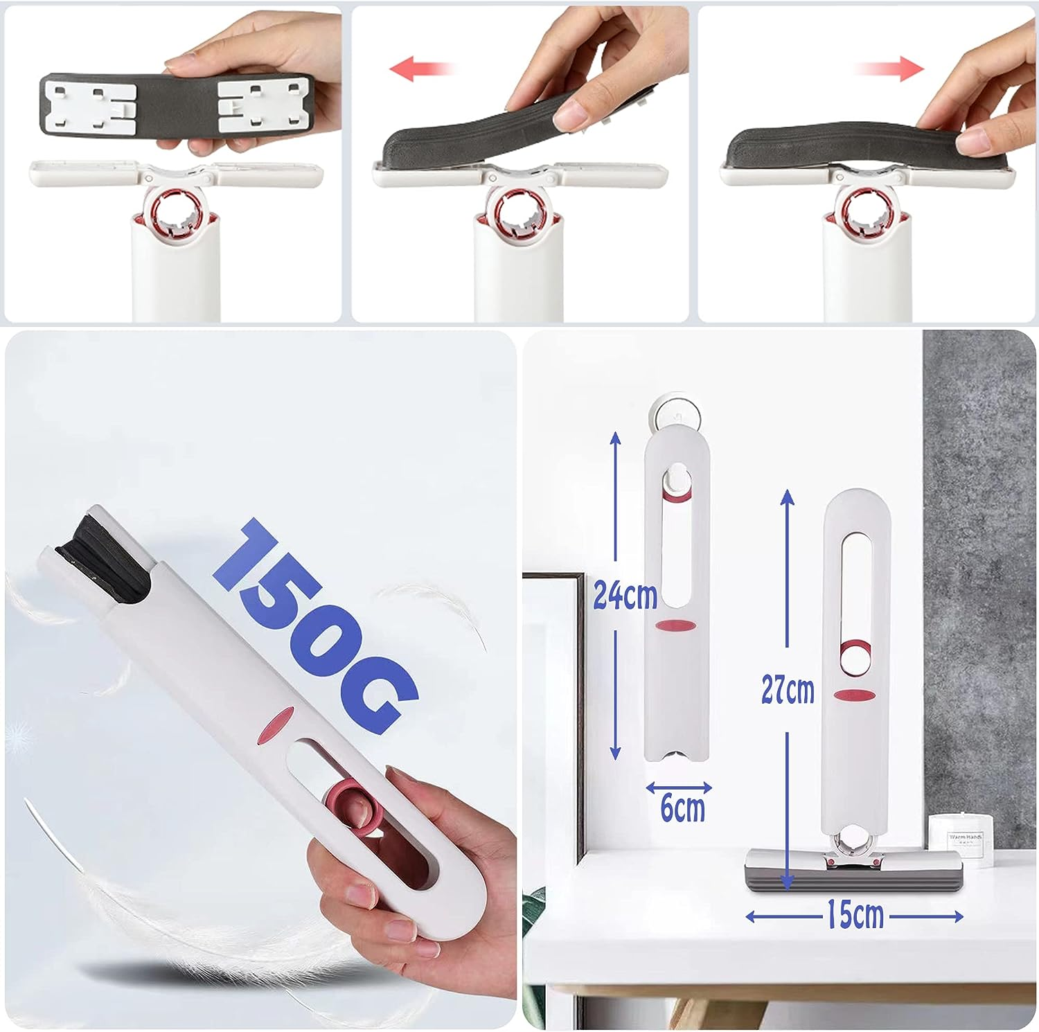 Mini Portable Mop, Self-Squeeze Portable Mini Mop, Sponge Mop Lazy Hand Wash-Free Cleaning Mop Wet Dry Mop for Bathroom Kitchen Desktop Car Glass